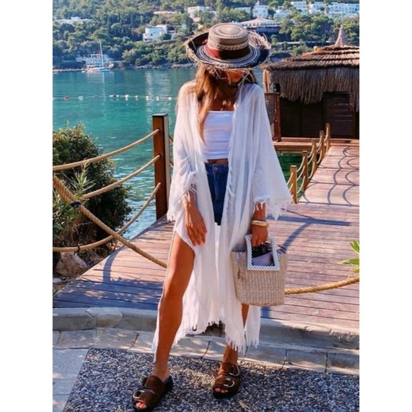 Zara White Fringed Kimono Size Medium - Picture 3 of 13